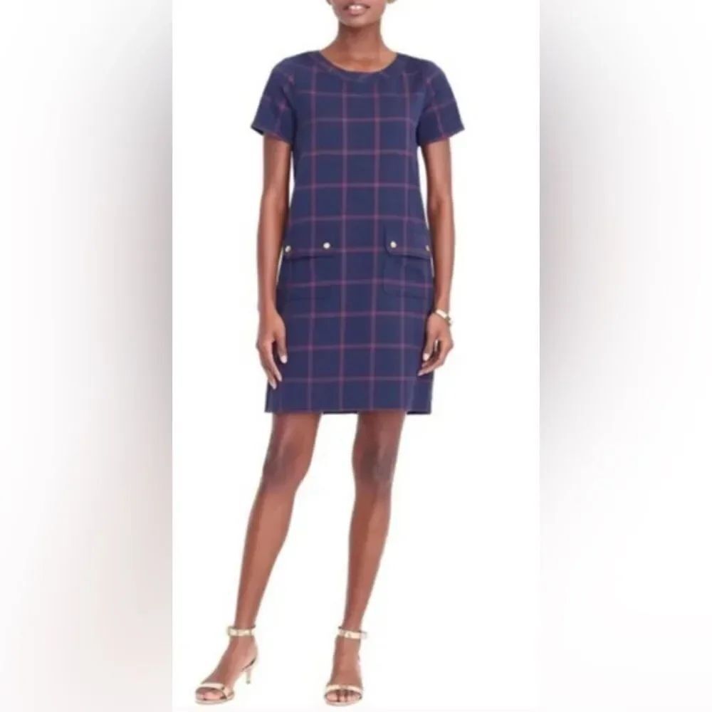 J Crew Blue Navy Plaid Relaxed Pocket Dress size 00